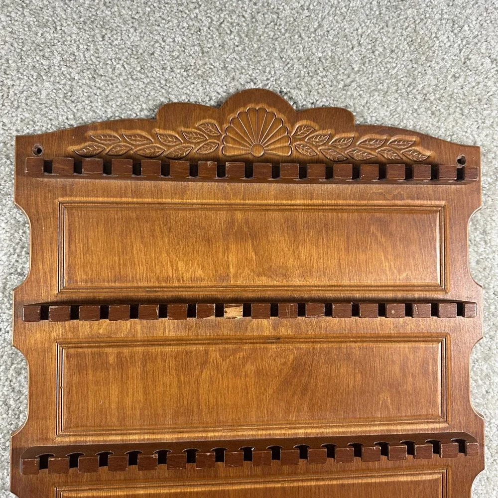 Vintage Wooden Souvenir Spoon Display Rack Wall Hanging 64 Slot Carved Floral